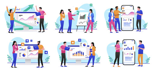 Leinwandbilder - Collection of people working with data and analytics - Team of office characters analysing and working with computer, charts and graphs. Flat design vector illustration with white background