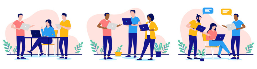 Fototapete - People with computers working collection - Set of vector illustration with diverse businesspeople in office talking and doing work. Flat design with white background