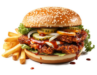 Wall Mural - Delicious Burger with Fried Chicken Isolated on transparent white Background