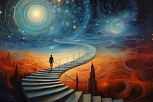 Silhouette Standing On Stairs In Fantasy Landscape With Surrealistic Sky. Lonely Person Walking To Bright Colorful Sky With Cosmic Background