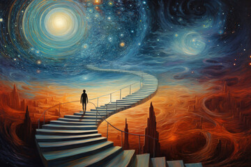 Silhouette standing on stairs in fantasy landscape with surrealistic sky. Lonely person walking to bright colorful sky with cosmic background