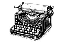 Vector Hand Drawn Illustration Of Retro Typewriter In Vintage Engraved Style