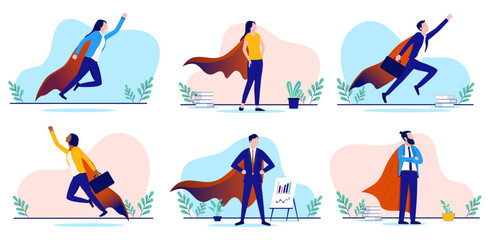 Business superhero people collection - Set of vector illustrations with businesspeople in cape heading for success and triumph. Flat design with white background