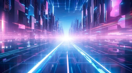 Wall Mural - futuristic glowing neon city, cyberpunk purple and blue colours, future speedway or highway concept, tech design, generative ai