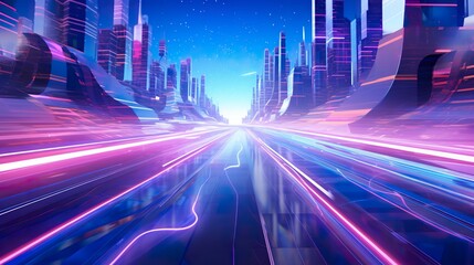 Wall Mural - futuristic glowing neon city, cyberpunk purple and blue colours, future speedway or highway concept, tech design, generative ai