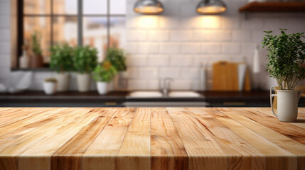 Wood table top on blur kitchen counter (room)background.