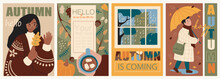 Hello Autumn Cover Brochure Set In Trendy Flat Design. Poster Templates With Woman In Sweater Holds Fall Forest Leaves, Hot Cocoa, Raining Windows View, Man With Umbrella Wolks. Vector Illustration.