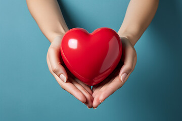 Wall Mural - Woman in blue dress hold red heart made of plastic. Concept of a holiday and health heart relationships, giving sharing love. Healthcare, women medical issues and Valentine's day love. Generative AI