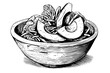 © Artem - Bowl avocado salad ink sketch hand drawn. Engraving style vector illustration.