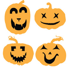 Wall Mural - Halloween faces and pumpkins icon set. Spooky orange pumpkin smiles on white background. Emotional pumpkin face gestures for Halloween holiday and design decoration. Vector.