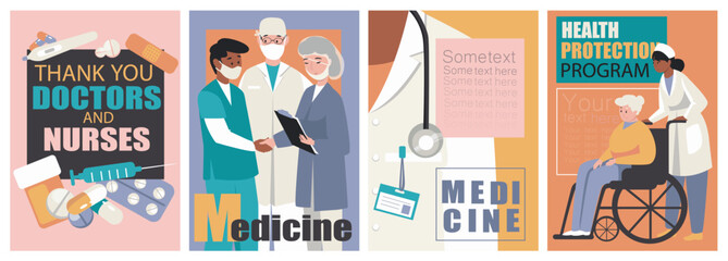 Wall Mural - Medical service cover brochure set in trendy flat design. Poster templates with medicine and clinic stuff, thanks for doctors and nurses, handicapped patients care and therapy. Vector illustration.