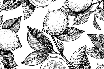 Wall Mural - Hand drawn ink sketch vector illustration of lemon. Citrus in engraving style vector illustration.