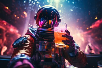 Astronaut in a space suit and helmet at a rave club with a glass of cocktail near the bar
