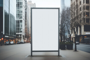 Mockup. Vertical advertising stand in the street. Blank white street billboard poster lightbox stand mock with urban city background