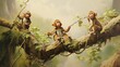  three monkeys sitting on a tree branch in a jungle setting.  generative ai