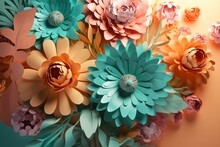 Colorful Floral Background With Organic Flowers In Soft Pastel Hues. 3D Illustration With Pink, Orange, And Teal Colors. Generative AI