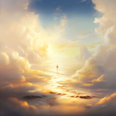 Concept of a path winding through the clouds, ending at a brilliant light in the distance. It symbolises heaven, afterlife, a near-death experience, or simply the path to a goal and bright future.