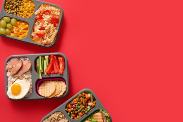 Sticker - Lunchboxes with different delicious food on red background