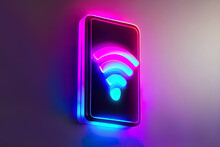 Neon Wifi Sign On Smartphone Screen. Generative AI