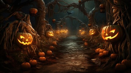 Poster -  a halloween scene with carved pumpkins and a creepy tree.  generative ai