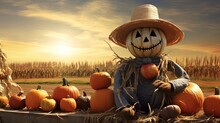  A Scarecrow Sitting In A Field With Pumpkins And Corn Stalks.  Generative Ai