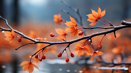 closeup of leaves on a branch in autumn. autumn background