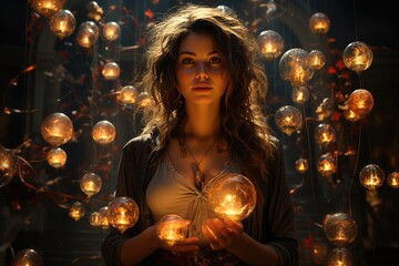 woman manifesting and pulling bubbles of thoughts, law of attraction, telekineses or manifestation c