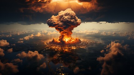 Wall Mural - Nuclear explosion day or night. Stormy sky, shock wave against the background of a nuclear fungus in the process of releasing thermal and radiant energy as a result of an uncontrolled nuclear fission 