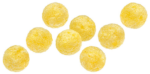 Canvas Print - Falling corn balls isolated on white background with clipping path