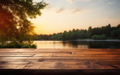 Empty wooden table top with blurred nature background. Calm sunny evening in nature with view to lake, river water and forest, park trees. Table top with copy space for product advertising