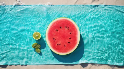 Wall Mural -  a slice of watermelon sitting on top of a blue towel.  generative ai