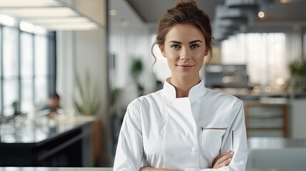 Poster - Smiling female chef wearing a lab coat.