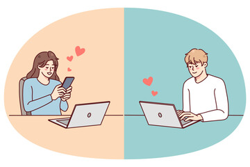 Canvas Print - Couple texting online on gadget having relationship on distance. Man and woman message communicate on devices. Love and online dating concept. Vector illustration.