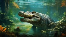  A Painting Of A Large Alligator In A Swampy Area.  Generative Ai