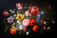 Beautiful Spring Bouquet Of Flowers On A Black Background, Close-up, A Painting Of A Bouquet Of Flowers, Created In The Style Of Realism, AI Generated