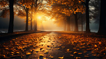 The Road In The Park Strewn With Autumn Leaves. Autumn Landscape Of The Long Road. Autumn Concept.