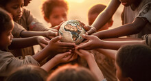 International Day Of Peace Concept. African Children Holding Earth Globe.  Group Of African Children Holding Planet Earth Planet Earth Over Defocused Nature Background With Copy Space. 
