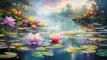  A Painting Of Water Lilies And Lily Pads In A Pond.  Generative Ai