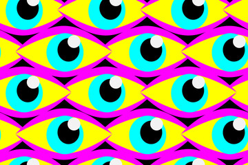 Bright eyes are watching. Cool, trendy, colorful, cartoon seamless vector pattern for design and decoration.