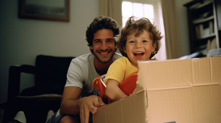 Father, son and playing at home with pretend car in a box on moving day in new property