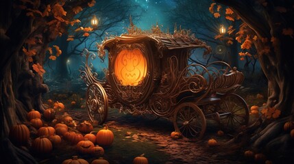 Sticker -  a horse drawn carriage in a forest filled with pumpkins.  generative ai