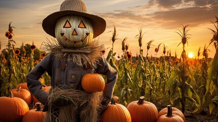Wall Mural -  a scarecrow standing in a corn field with pumpkins.  generative ai
