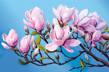 Wall Mural - Beautiful pink magnolia flowers on blue background. Illustration | Generative AI