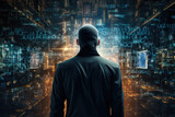 Fototapeta Konie - Futuristic Cyber Security AI Agent with Holographic Blue Glowing Technological Computer Board, Generative AI