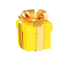 Wall Mural - Yellow gift box with golden ribbon and bow 3d render illustration