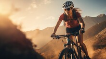 A Female Bicyclist Riding In A Mountainous Terrain. Extreme Cycling. Cycling Sport