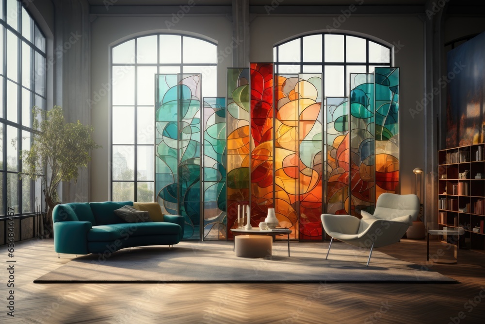 A mosaic-inspired room divider features a symphony of colors and ...