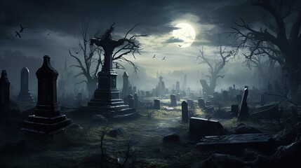 Wall Mural -  a graveyard with a cemetery in the foreground and a full moon in the background.  generative ai