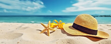 Hat And Starfish On A Sandy Beach Against The Backdrop Of A Beautiful Sea. Beach Holiday Concept. Copy Space
