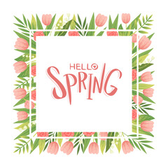 Sticker - Hello Spring Banner Design with Blooming Garden Flower Vector Template